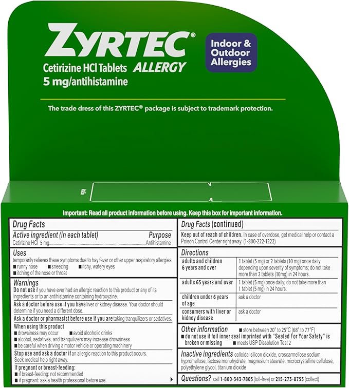Zyrtec 24 Hour Allergy Relief Tablets, Indoor & Outdoor Allergy Medicine for Adults with 5 mg Cetirizine Hydrochloride, Relief of Runny Nose, Sneezing, Itchy Eyes, Plus Dust, Mold & Pet Dander, 35 ct