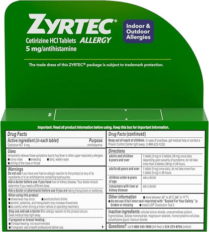 Zyrtec 24 Hour Allergy Relief Tablets, Indoor & Outdoor Allergy Medicine for Adults with 5 mg Cetirizine Hydrochloride, Relief of Runny Nose, Sneezing, Itchy Eyes, Plus Dust, Mold & Pet Dander, 35 ct