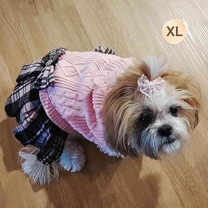 KYEESE Dog Sweater Stretchy Cat Sweaters Thick Dogs Clothes with Bowtie Soft Turtleneck Pet Sweater Dress Warm Pullover Pet Coats Comfy Knitwear Dog Sweaters for Small Dogs Girl, Pink, X-Large