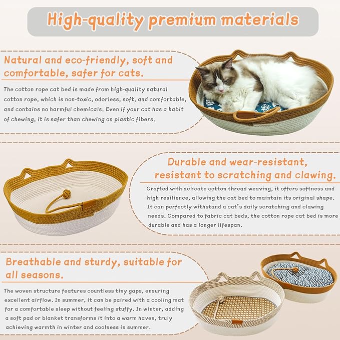 Pet Beds for Cats, Cat Beds for Indoor Cats 19.69"×13.78"×6.30",Cotton Rope Oval Cat Bed for All Seasons (with Cooler Straw Mat and Cotton Mat Both), Suitable for Cats＆Dogs (Brown, Small)