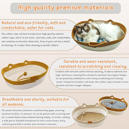 Pet Beds for Cats, Cat Beds for Indoor Cats 19.69"×13.78"×6.30",Cotton Rope Oval Cat Bed for All Seasons (with Cooler Straw Mat and Cotton Mat Both), Suitable for Cats＆Dogs (Brown, Small)