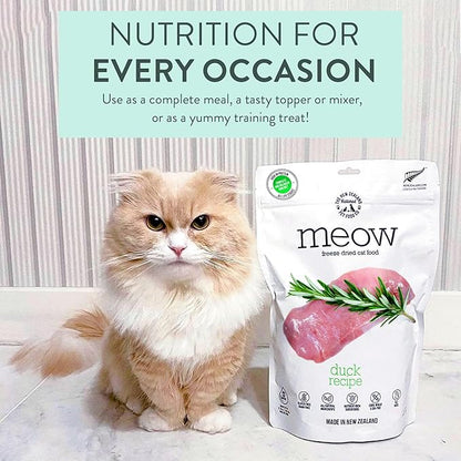 The New Zealand Natural Pet Food Co. Meow Freeze Dried Cat Food - Duck Recipe, High Protein, Use as a Complete Diet, Topper, Mixer, or as Cat Treats, All Life Stages, 9.9 oz