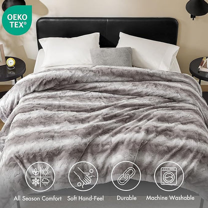 Madison Park Ultra-Soft Poly Fur Blanket King Size, Reversible Plush, All Season & Lightweight Fuzzy Blanket for Bed, Couch & Sofa, Zuri, King/Cal King Grey