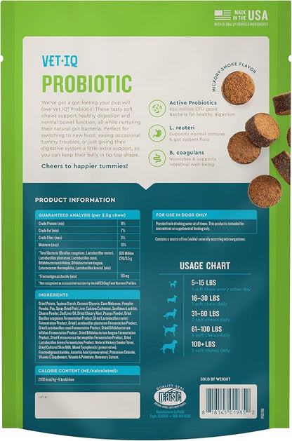 VetIQ Probiotic Supplement for Dogs, Digestive Support for Dogs, Nourishes Gut Bacteria and Supports Bowel Function, Hickory Smoke Flavor, Made in The USA, 60 Count