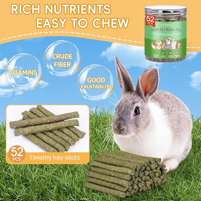 VESPRO 52P Small Animals Play Balls, Rolling Chew Toys & Chew Grass Balls for Bunny,Timothy Hay Sticks for Chinchillas Hamsters Rabbit Guinea Pig Rats and Animals Teeth Care