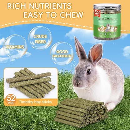 VESPRO 52P Small Animals Play Balls, Rolling Chew Toys & Chew Grass Balls for Bunny,Timothy Hay Sticks for Chinchillas Hamsters Rabbit Guinea Pig Rats and Animals Teeth Care