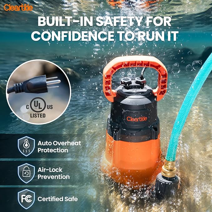 Submersible Utility Water Pump, 1/3 HP 2790 GPH Portable Sump Pump with Copper Motor, Plug and Work for Pond, Garden Watering, Pool or Hot Tub Water Transfer