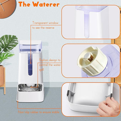 Cat Food Dispenser and Cat Water Dispenser Set with Stainless Steel Bowls Gravity Dog Feeder for Small Medium Big Cat Dog Pet Puppy Kitten, 1 Gallon x 2