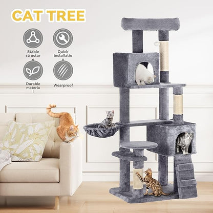 DWVO Cat Tower 70.8in for Indoor Cats: Multi-Tiered Feline Furnishing with Snug Cat Bed, Scratch Poles, Feline Window Cushioned Plush Roost for Young Cats Animal Activity Center Light Gray
