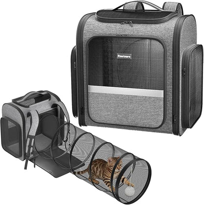 Cat Backpack with Detachable Play Tunnel, 2 in 1 Cat Tunnel Backpack Suitable for Carrying & Playing, Expandable Dog Backpack for Small Medium Kitten Puppy, Suitable for Travel Hiking Camping