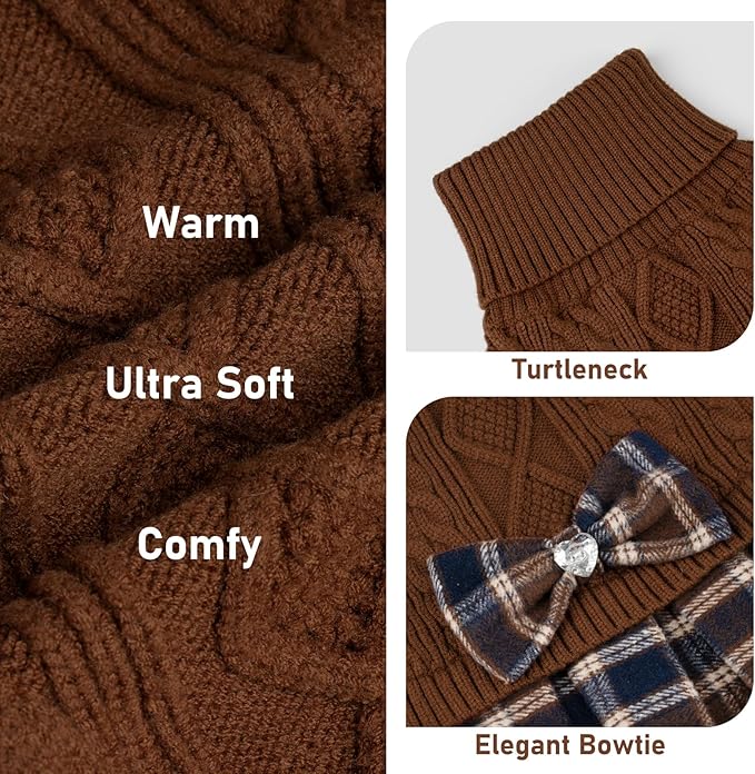 KYEESE Dog Sweater Stretchy Pet Coats Soft Pullover Dogs Clothes Thick Knitwear Pet Sweater Dress Comfy Dog Sweaters for Medium Dogs Boy Warm Turtleneck Pets Sweaters with Bowtie, Brown, XX-Large