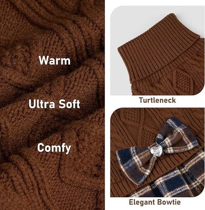 KYEESE Dog Sweater Soft Pullover Pet Coats Warm Puppy Sweater Dress Thick Dogs Clothes with Bowtie Stretchy Knitwear Dog Sweaters for Small Dogs Male Comfy Turtleneck Cat Sweaters, Brown, X-Small