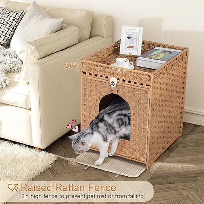 Snughome Cat Litter Box Enclosure Furniture Hidden with Litter Mat, Hidden Washroom Furniture with Door, Handwoven Rattan Cat Washroom Box, Indoor Pet House for Living Room, Bedroom(Natural)
