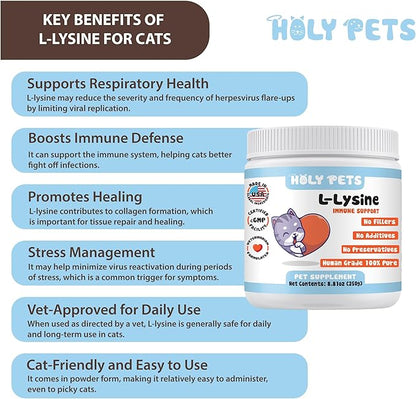 100% Pure L-Lysine Powder for Cats – No Flavors, No Fillers or Preservatives – 1,000mg per Scoop – Immune, Respiratory & Eye Support – Helps with Sneezing, Runny Nose & Cold Symptoms