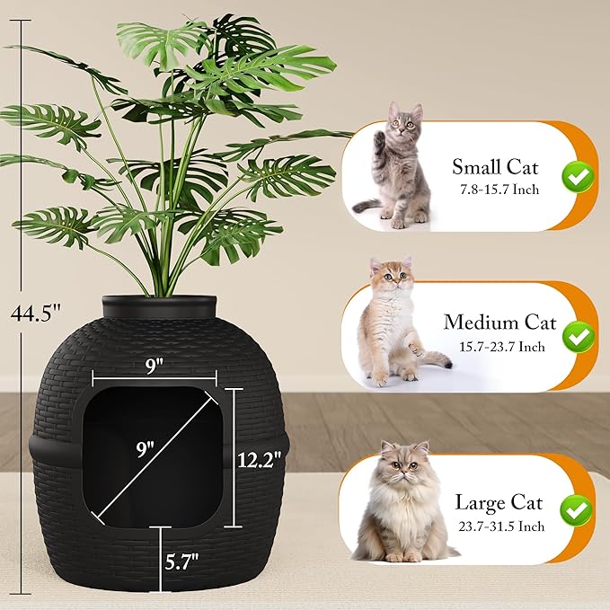 Hidden Litter Box with Faux Plant, Large Cat Litter Box with Rattan Pattern, Heavy Duty PP Material Litter Box Enclosure Furniture for Home Decor, Black