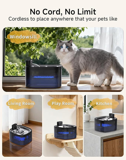 Cat Water Fountain Cordless: Battery Operated 118oz/3.5L Pet Water Fountain for Cats Indoor with Motion Sensor, Stainless Steel Tray, Ultra Quiet, Easy-to-Clean, Gifts for Cats, Dogs (8Filters)