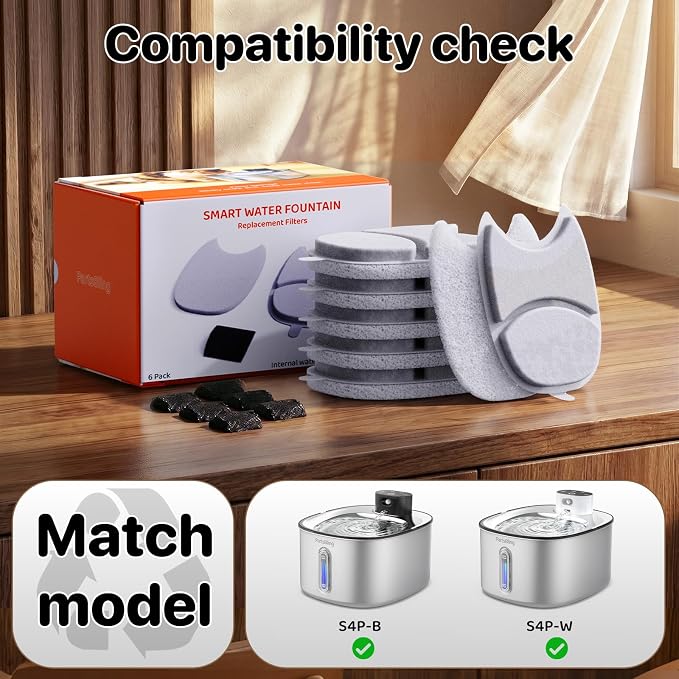 PartsBling Replacement Filters for 4.2L Cat Water Fountain | 6 Pack Filters & 6 Pack Pre-Filter Sponges for PartsBling Stainless Steel Cat Water Fountain