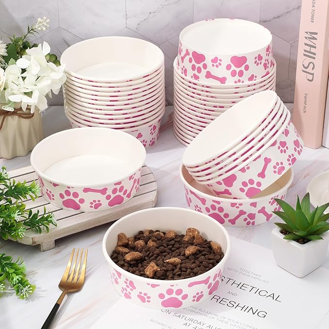 Whaline 50Pcs Pet Disposable Feeding Bowls Pink White Paper Dog Bowls Small Dog Dish 16oz 2 Cup Pet Food Bowl Serving Food Tray for Puppy Cat Travel Wet Dry Food Water