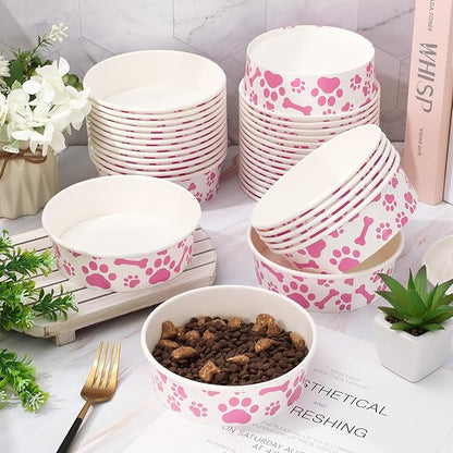 Whaline 50Pcs Pet Disposable Feeding Bowls Pink White Paper Dog Bowls Small Dog Dish 16oz 2 Cup Pet Food Bowl Serving Food Tray for Puppy Cat Travel Wet Dry Food Water