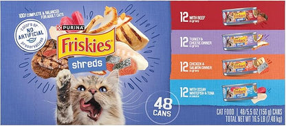Purina Friskies Wet Cat Food Variety Pack, Shreds With Beef, Turkey and Cheese Dinner, Chicken and Salmon Dinner, and With Ocean Whitefish and Tuna - 48 ct. Can