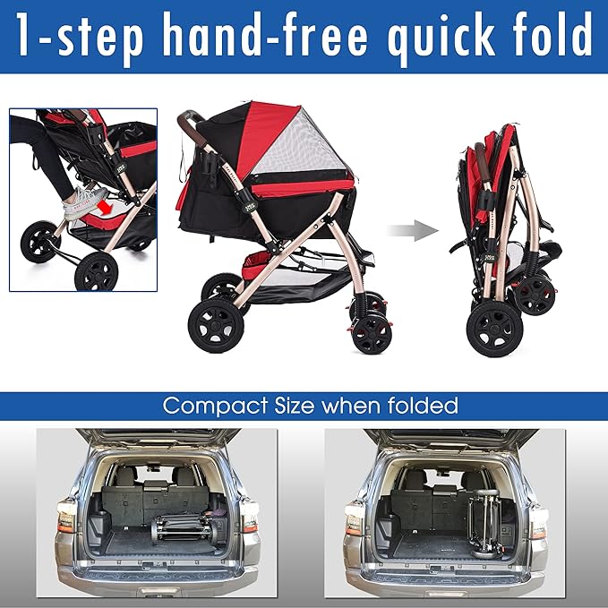 HPZ Pet Rover XL Extra-Long Premium Heavy Duty Dog/Cat/Pet Stroller Travel Carriage with Convertible Compartment/Zipperless Entry/Pump-Free Rubber Tires for Small, Medium, Large Pets (Red 2nd-Gen)