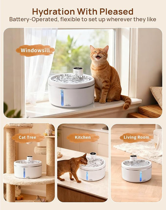 Wireless Cat Water Fountain with Stainless Steel Tray, 84oz/2.5L Pet Fountain for Cats Inside, Cat Fountain for Drinking with Motion Sensor, Ultra Quiet Pump for Pets&Small Animals (84oz+8Filters)