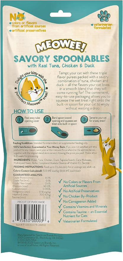 MEOWEE! Savory Spoonables with Real Tuna, Chicken & Duck, 4 Count Tube, Triple Flavor Squeezable Lickable Wet Treats for Cats with Built-in Spoon for Less Mess