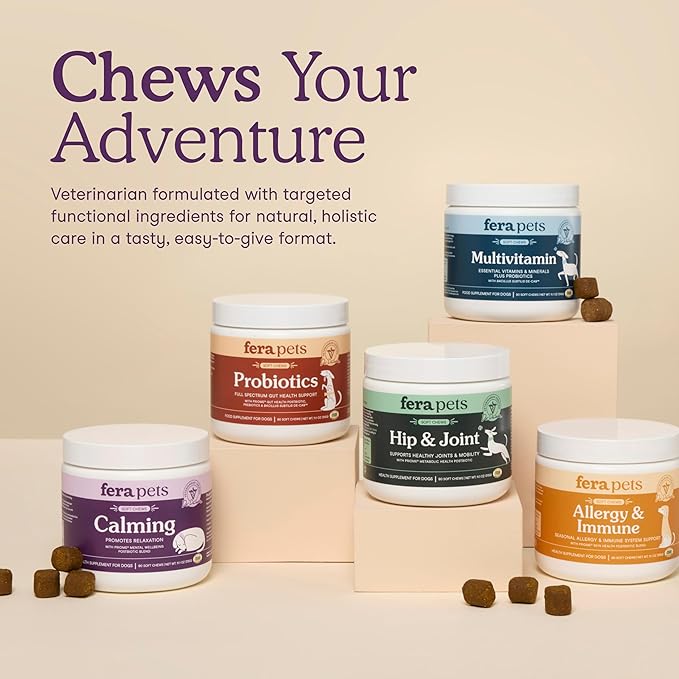 Fera Pets Dog Calming Chews - Helps Manage Everyday Stress & Separation - Promotes Relaxation - Ashwagandha & Priome® Mental Wellbeing Postbiotic Blend - 30 Soft Chews