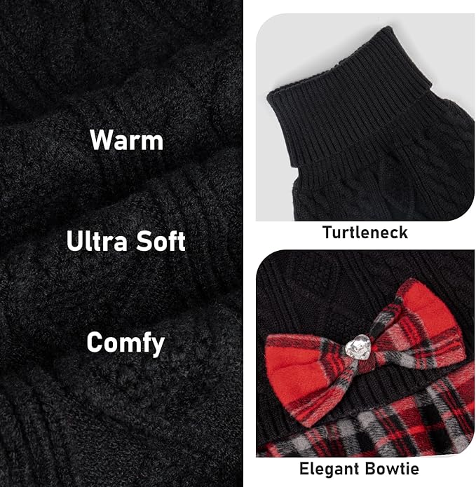 KYEESE Dog Sweater Stretchy Knitwear Pet Sweater Dress Thick Dog Sweaters for Small Dogs Male Comfy Dogs Clothes with Bowtie Soft Turtleneck Cat Sweaters Warm Pullover Pet Coats, Black, Small