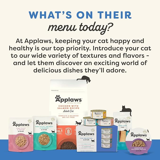 Applaws Natural Wet Cat Food in Topper, Limited and Natural Ingredients, High Protein with No Artificial Additives, Fish Bone Broth with Salmon (12 x 3oz Resealable Spout Pouches)