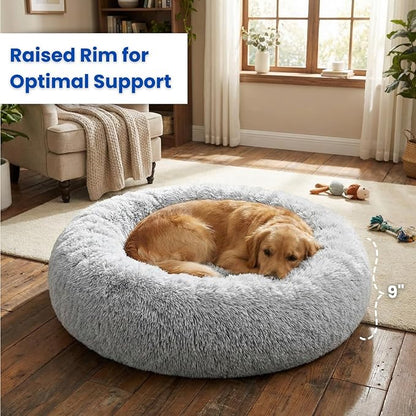 Calming Pet Bed with Water-Resistant Inner Liner – Anti-Anxiety Donut Dog & Cat Bed with Removable Washable Cover – Supportive Plush Nest, Non-Slip & Cushion Protection – Medium, Grey