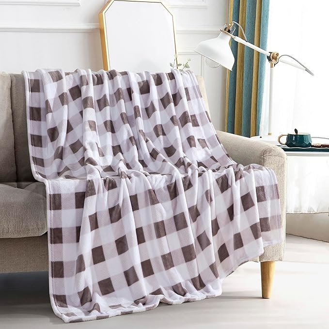 Elegant Comfort Velvet Touch Ultra Plush Christmas Holiday Buffalo Plaid Fleece Throw/Blanket-50 x 60inch, Buffalo Gray