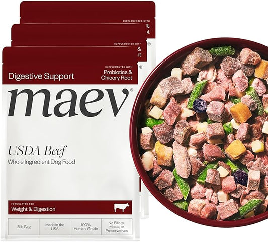 Maev Human-Grade Beef Dog Food, Weight & Digestion Formula, Whole Ingredient, Gluten-Free, High Protein Puppy & Dog Food, 15 lb