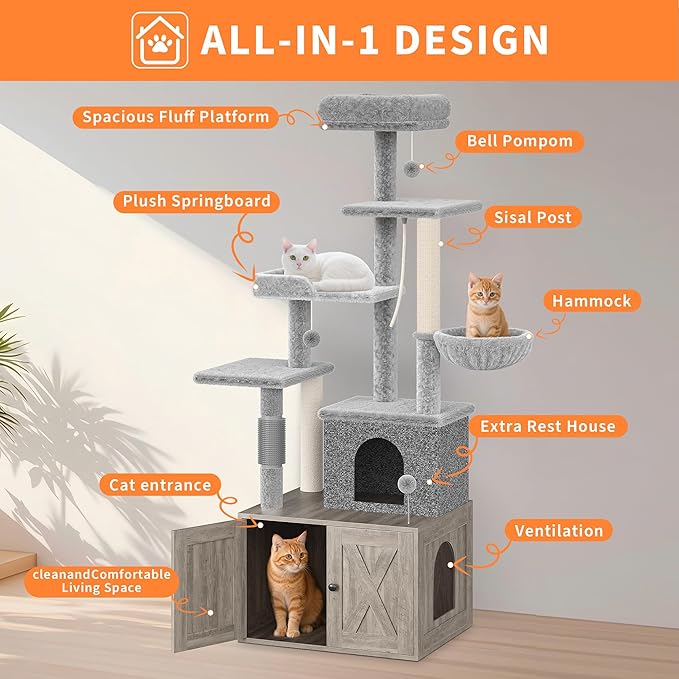 Cat Tree with Litter Box Enclosure Large, Multilevel Cat Play House with Large Condo, Spacious Hammock, Cozy Top Perch,Scratching Post and Dangling Balls