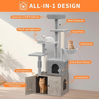 Cat Tree with Litter Box Enclosure Large, Multilevel Cat Play House with Large Condo, Spacious Hammock, Cozy Top Perch,Scratching Post and Dangling Balls