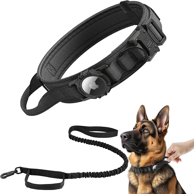 Tactical AirTag Dog Collar Leash Set - Heavy Duty, Adjustable GPS Collar | Compatible with Apple AirTag, with Holder & Control Handle for Medium/Large Dogs [Black, XL]
