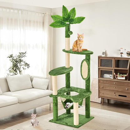 61" Cat Tree for with Green Leaves, Multi-Level Large Cat Tower with Hammock, Plush Cat House with Hang Ball Toy and Sisal Scratching Posts Furniture, Green