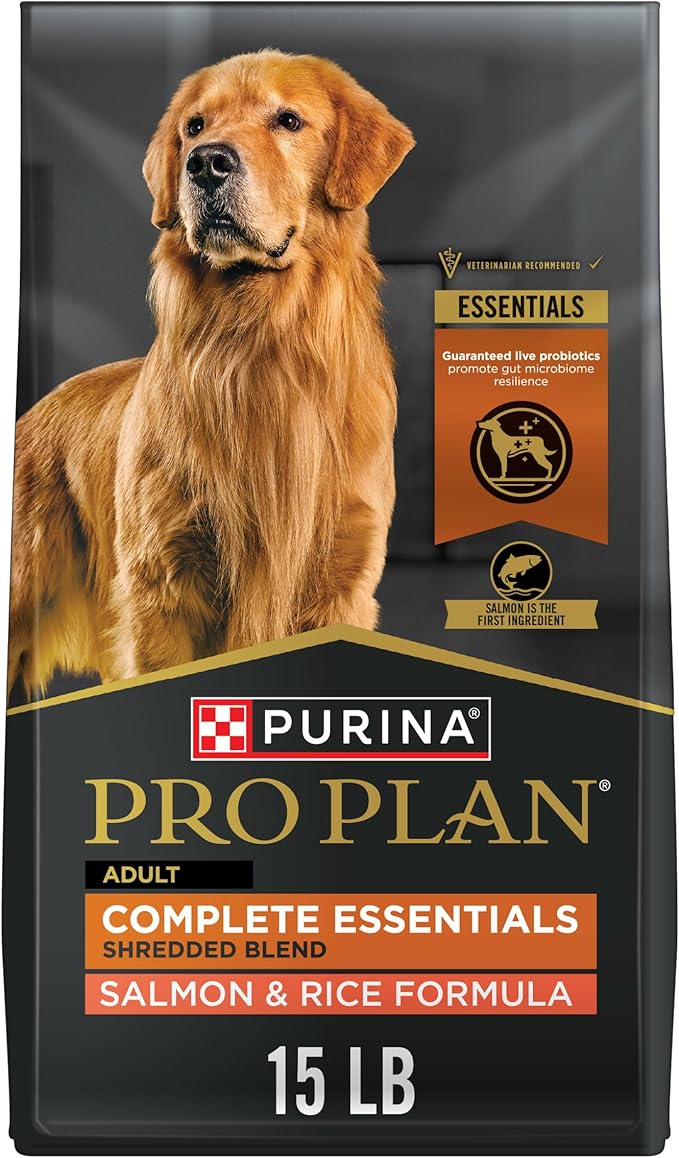 Purina Pro Plan dog food package with a golden retriever on a black background