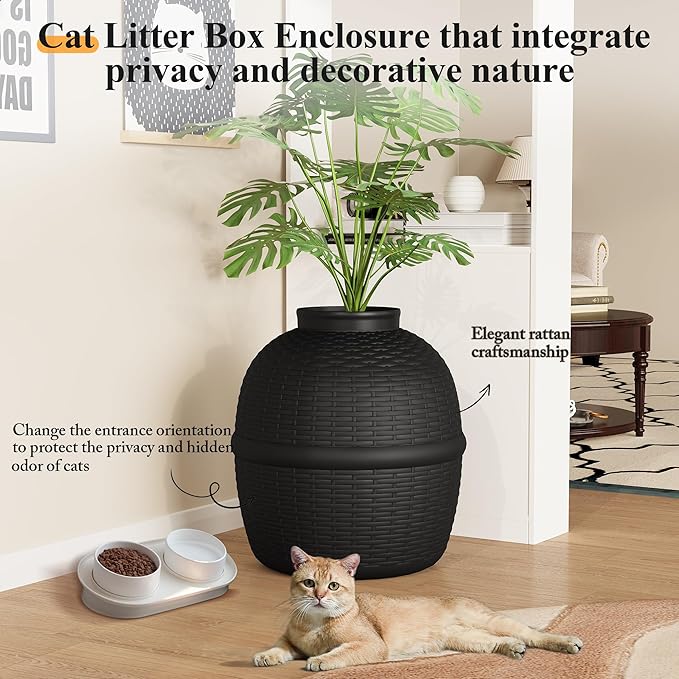 Hidden Litter Box with Faux Plant, Large Cat Litter Box with Rattan Pattern, Heavy Duty PP Material Litter Box Enclosure Furniture for Home Decor, Black