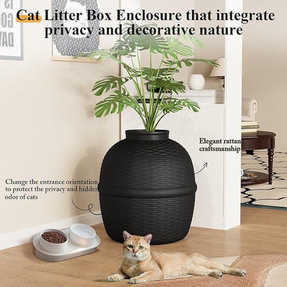 Hidden Litter Box with Faux Plant, Large Cat Litter Box with Rattan Pattern, Heavy Duty PP Material Litter Box Enclosure Furniture for Home Decor, Black