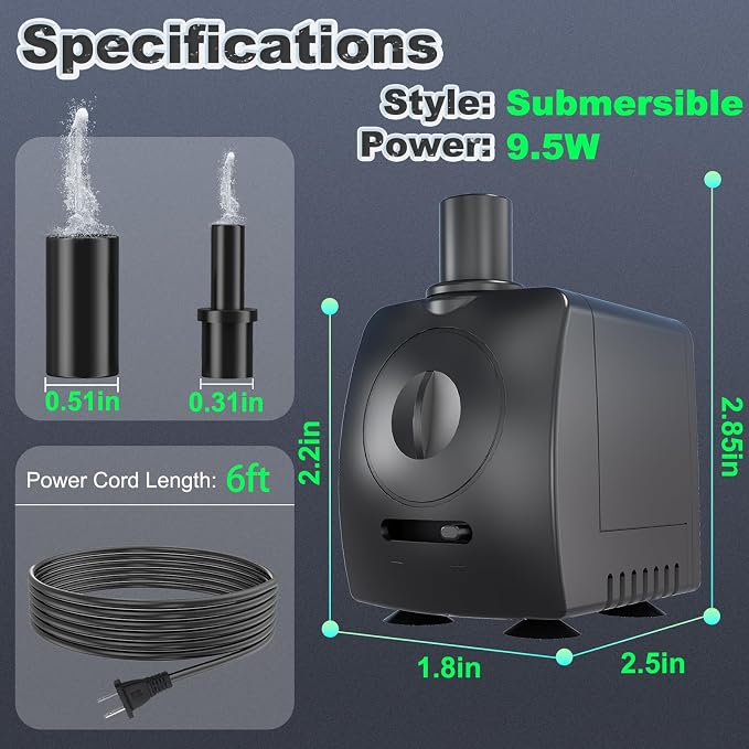 SongLong 130GPH Small Submersible Water Pump 4ft High Lift for Fountains | Ultra-Quiet Perfect for Hydroponics, Small Ponds, Aquariums, Fountain