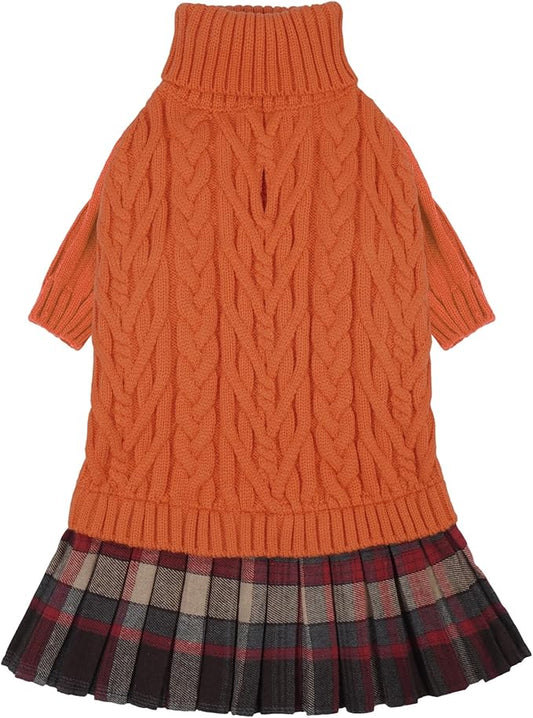 IECOii Girl Dog Sweater Dress - Cable Knit Dog Sweater for Small Dogs Girl - Orange, Medium, Turtleneck Pullover Sweaters with Tartan Plaid Skirt, Adorable Warm Dog Knitted Dress for Christmas