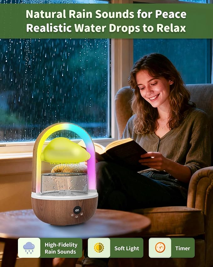 Relaxing Indoor Water Fountain with Gentle Rain Sounds, Weljoy Cloud Rainbow Rain Tabletop Fountain with Color Changing Lights, Wireless Design for Office Desk Meditation (Wood)