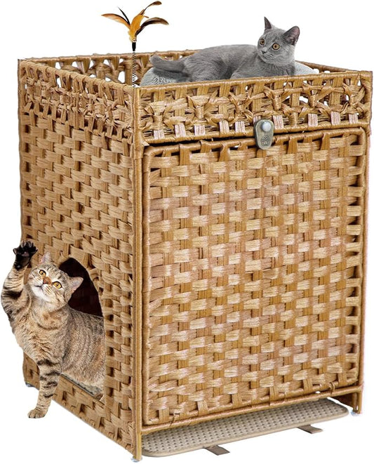 KOUSEI Handwoven Rattan Cat Litter Box Enclosure Furniture - Hidden Indoor Pet House with Door & Mat, Discreet Washroom Cabinet for Living Room and Bedroom, Natural