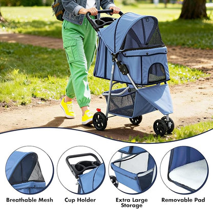 DUMOS 3 Wheels Pet Stroller for Small Dogs and Cats – Foldable Dog Stroller with Mesh Windows, Storage Basket & Cup Holder, Lightweight & Durable Pet Carrier for Travel, Outdoor Use – Blue