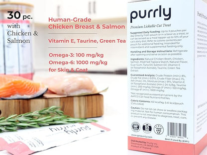 Purrly Low Calorie Premium Lickable Cat Treat Topper Healthy Chicken Variety Bundle (90 Count) Human-Grade Protein with Functional Nutrients Wet Squeeze Creamy Purée Grain-Free Non-GMO Low-Phosphorus