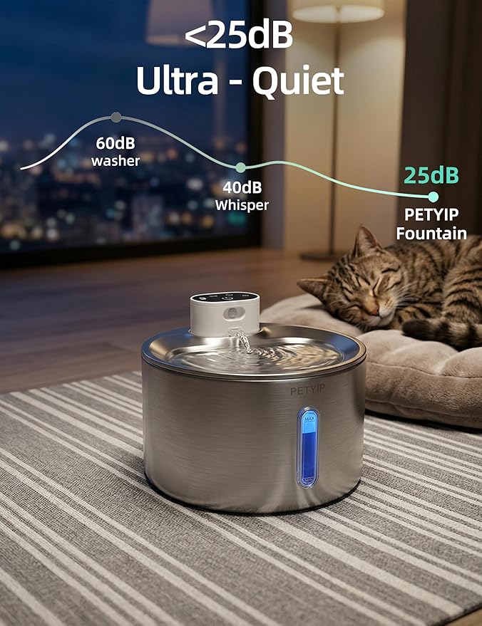 Cat Water Fountain Stainless Steel,135 Fl Oz/4L Wireless Automatic Cat Water Dispenser,5000mAh Battery Powered,for Cats & Dogs Indoor (Cat Fountain + 7 Set Filter)
