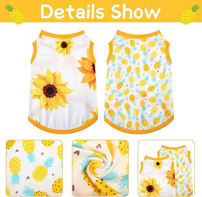 Frienda 4 Pieces Dog Clothes Set Include 2 Pcs Cute Pet Dress Lovely Dog Dress and 2 Pcs Breathable Pet T Shirt Puppy Clothes(Pineapple, Sunflower,Medium)