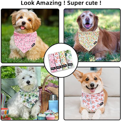 Summer Spring Dog Bandanas-4PCS Pink Green Orange Floral Printing Dog Scarf Bib Kerchief Breed for Girl Dogs Large Medium Pets Gift
