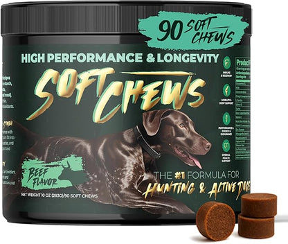 High-Performance & Longevity Soft Chews for Hunting, Sport and Working Dogs with Glucosamine, Chondroitin, Omega-3, Antioxidants, Ashwagandha, Probiotics, Beef Flavor, 90 Count